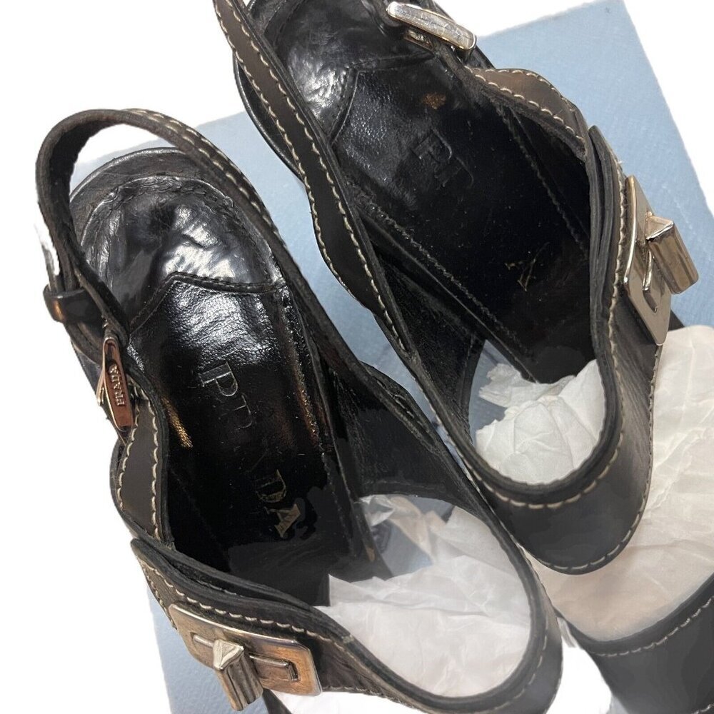 Prada Size 39.5 Leather Turnlock Slingback Sandals Black Block Heel Minimalist - Picture 12 of 15